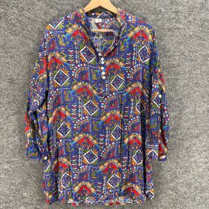 J&G Blouse Women 2XL Blue Geometric V-Neck 3/4 Sleeve Button Breathable Casual